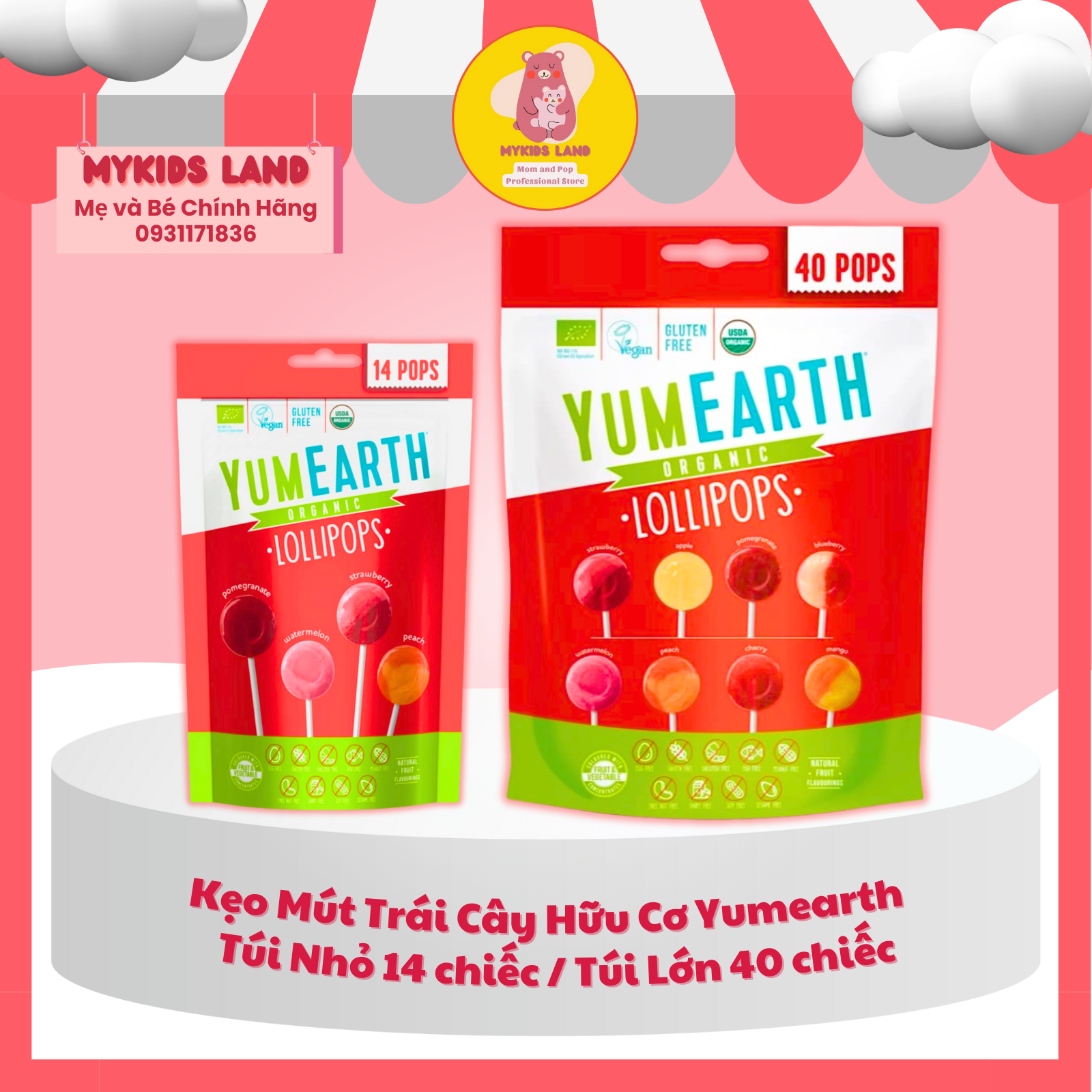 Kẹo Mút Trái Cây Hữu Cơ YumEarth ORGANIC Lollipops Cho Bé Túi 14 chiếc / 40 chiếc