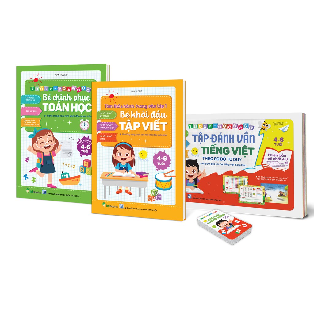 Sách - Tập đánh vần tiếng Việt + Bé chinh phục toán học + Bé khởi đầu tập viết Combo 3 cuốn tặng Thẻ chữ cái - chữ ghép - Nhà sách Học Liệu
