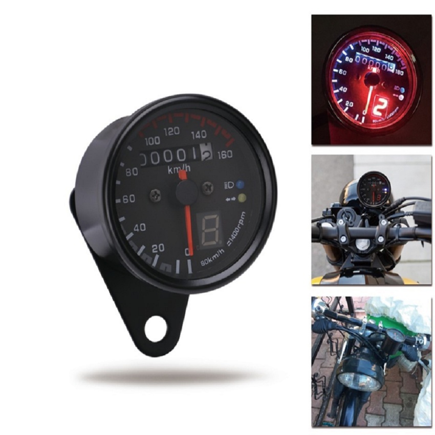 Đồng hồ xe máy độ classic có báo số và 2 đèn báo chức năng chuyên độ xe máy classic phù hợp độ Cafe Racer Tracker Win 67 Dream Cub và các loại xe