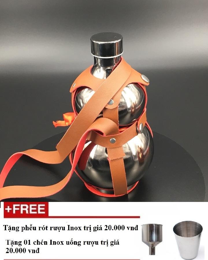 Bình Rươu Hồ Lô Inox 2L sáng bóng Có Bao Da tặng kèm phễu + chén (màu đồng, vàng, màu than bóng)