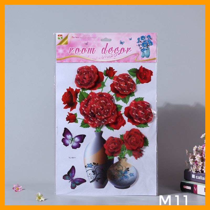 Tranh dán tường sẵn keo bình hoa nổi 3D, Tranh decal trang trí tường hoa nổi.