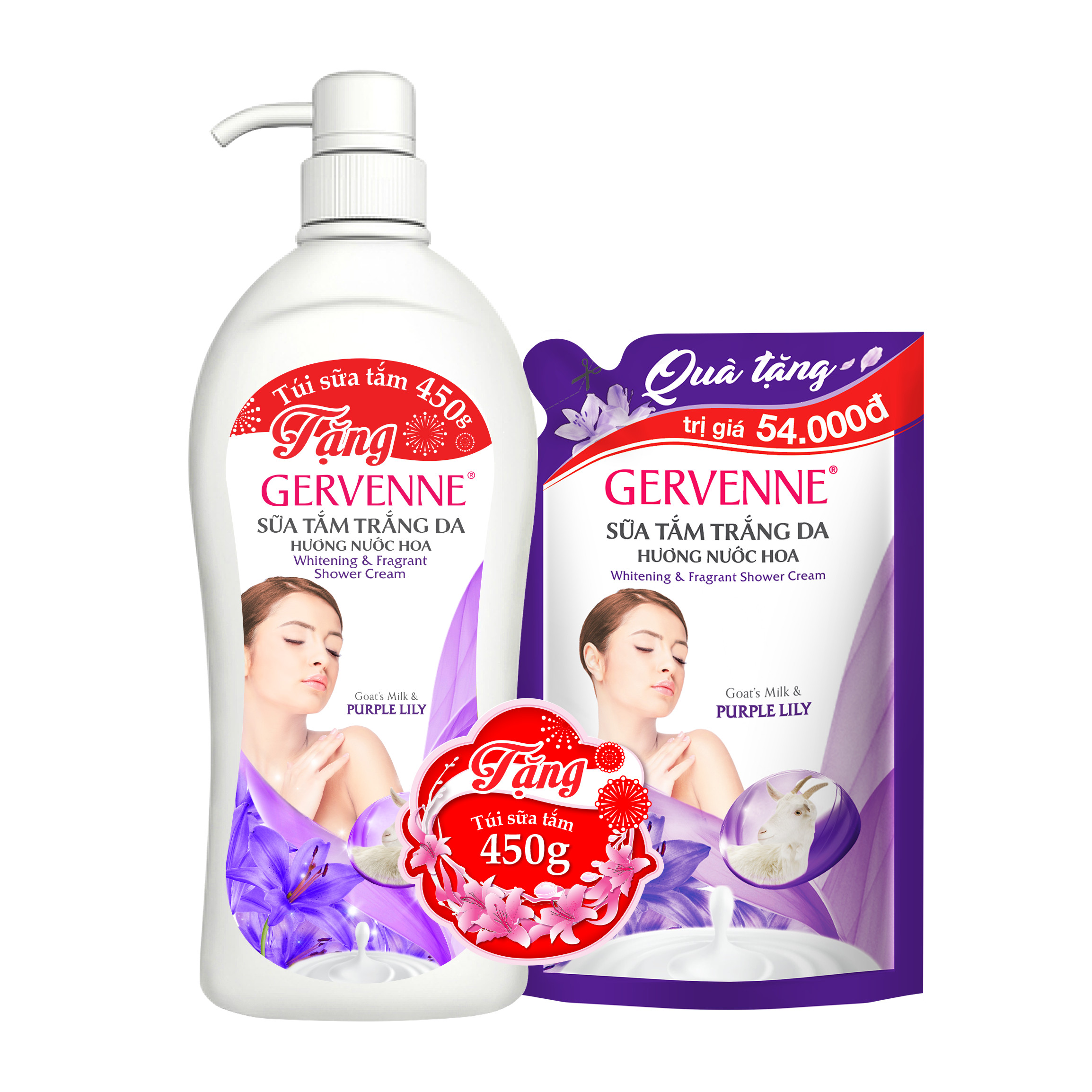 Sữa tắm trắng da gervenne purple lily 1.2l tặng túi sữa tắm 450gr