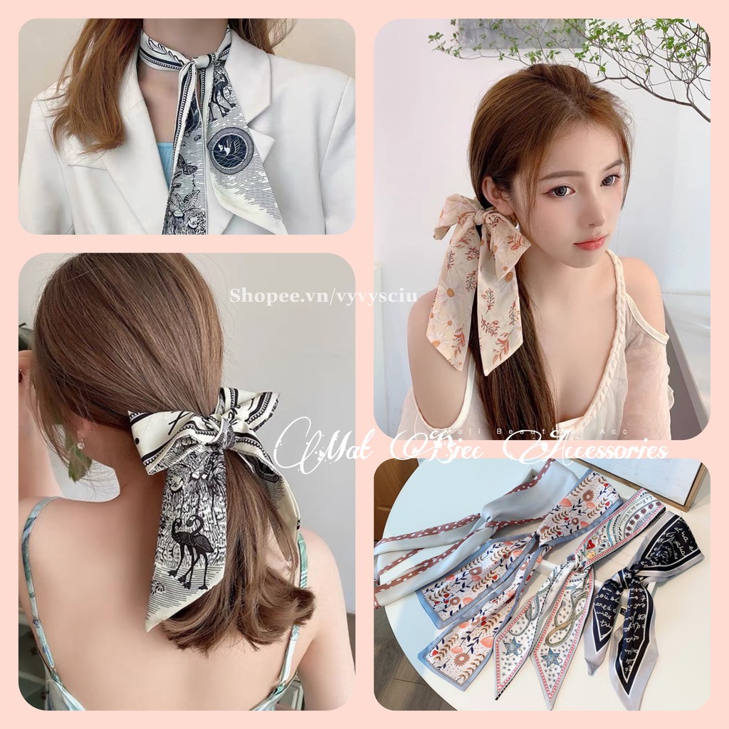 Khăn turban dài lụa satin cao cấp, quàng cổ, cột tóc và trang trí túi xách phong cách Hàn Quốc