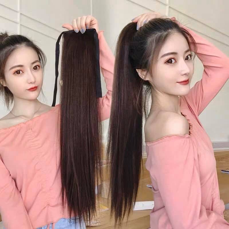 Tóc Giả Cột Thẳng Dài Cao Cấp Màu Đen Tự Nhiên 60cm