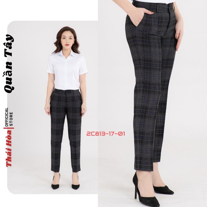 Quần tây nữ Thái Hoà 2C813-17-01, quần âu nữ công sở 9 tấc, màu đen caro xanh chìm, chất liệu mềm ,trơn