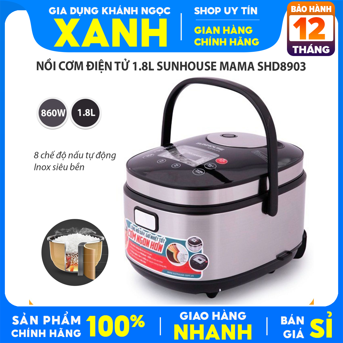 Nồi cơm điện tử Sunhouse mama 1.8 lít SHD8903 Chính Hãng trưng bày 99% Lòng nồi chống dính dày 2.8mm Đa dạng menu tự động - Bảo Hành 12 Tháng