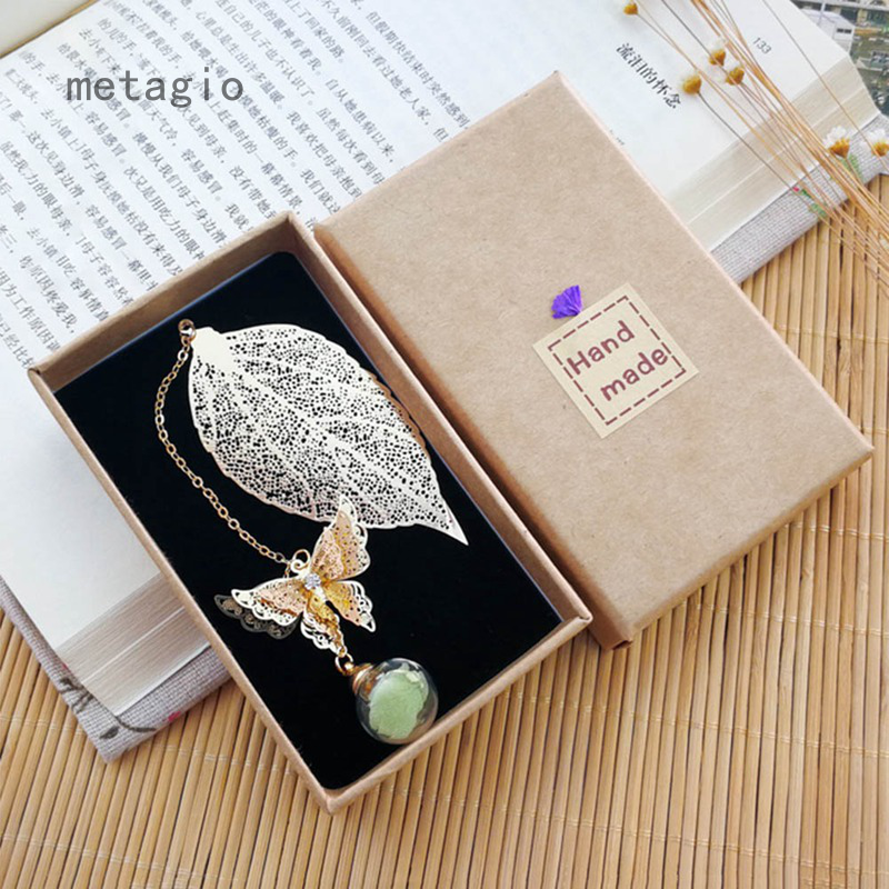 Thẻ Đánh Dấu Trang Lá Kim Loại Metagio Với Bướm 3D Và Mặt Dây Chuyền Hoa Khô Vĩnh Cửu Cho Người Đọc