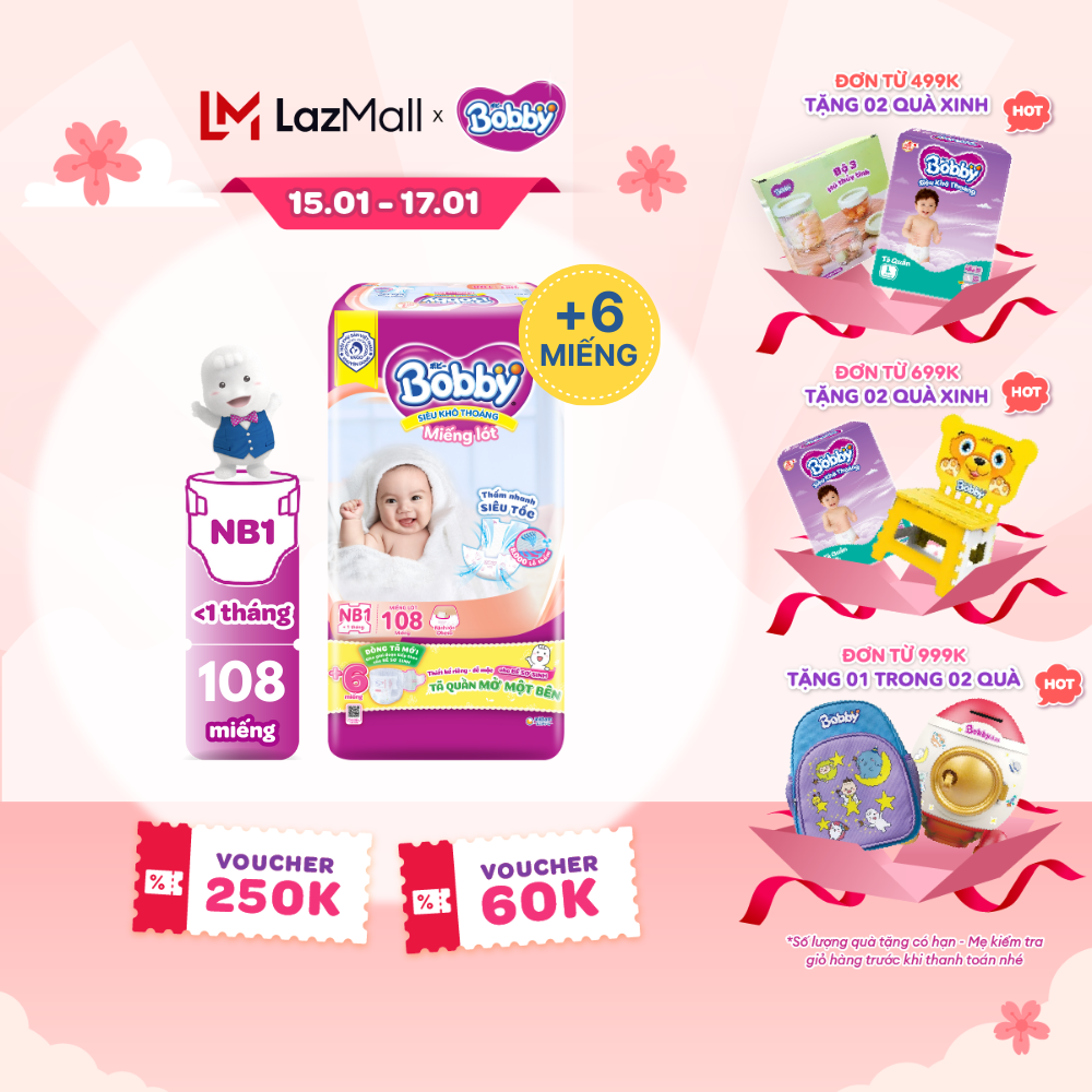 [CHỈ 20H 15-17.01 QUÀ TẶNG ĐH 499K] Miếng lót sơ sinh Bobby gói lớn Newborn 1-108 miếng (0-5kg) + Tặng kèm 6 miếng tã quần mở 1 bên Bobby size NB-S