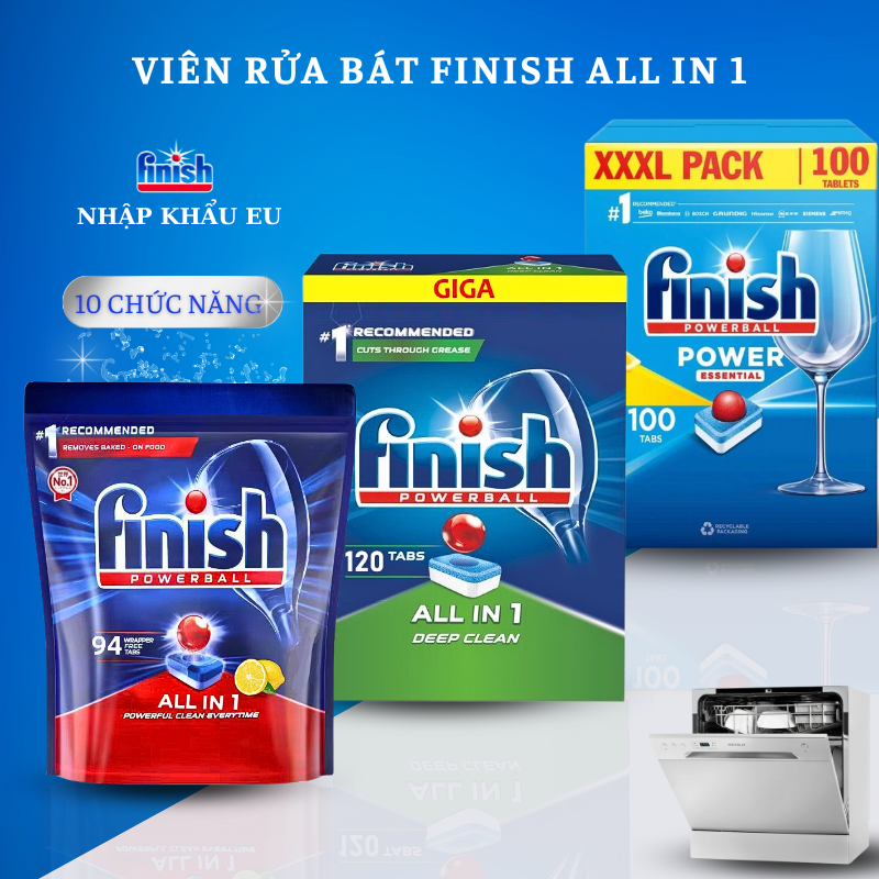 Viên rửa bát Finish All in 1 max 120v 94v 70v vỏ bọc tự tan 10 chức năng tẩy rửa siêu sạch chuyên dùng cho mọi dòng máy rửa bát