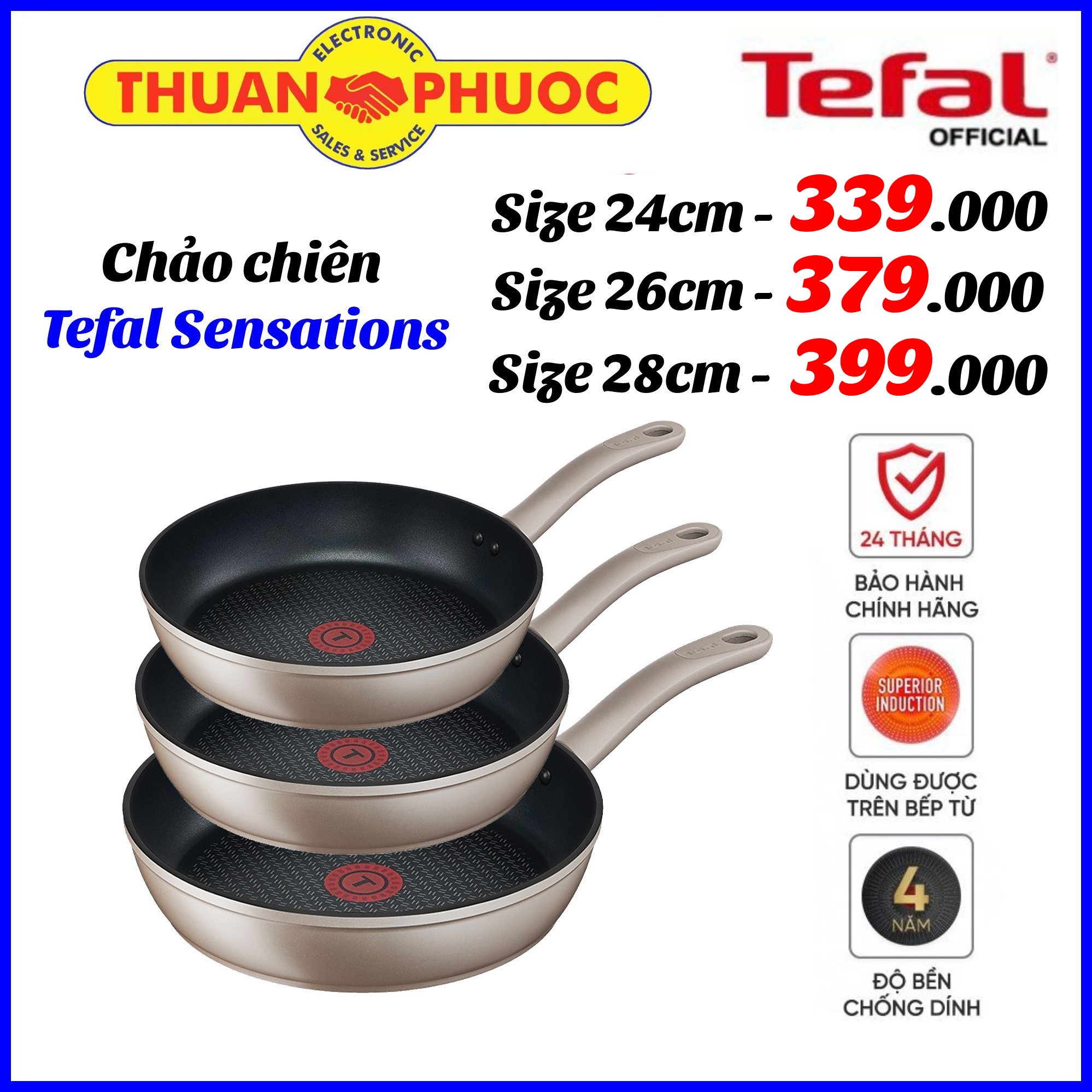 Chảo chiên, Chảo chống dính Tefal Sensations - Size 24/26/28cm - Hàng chính hãng BH 2 Năm- Dùng cho mọi loại bếp