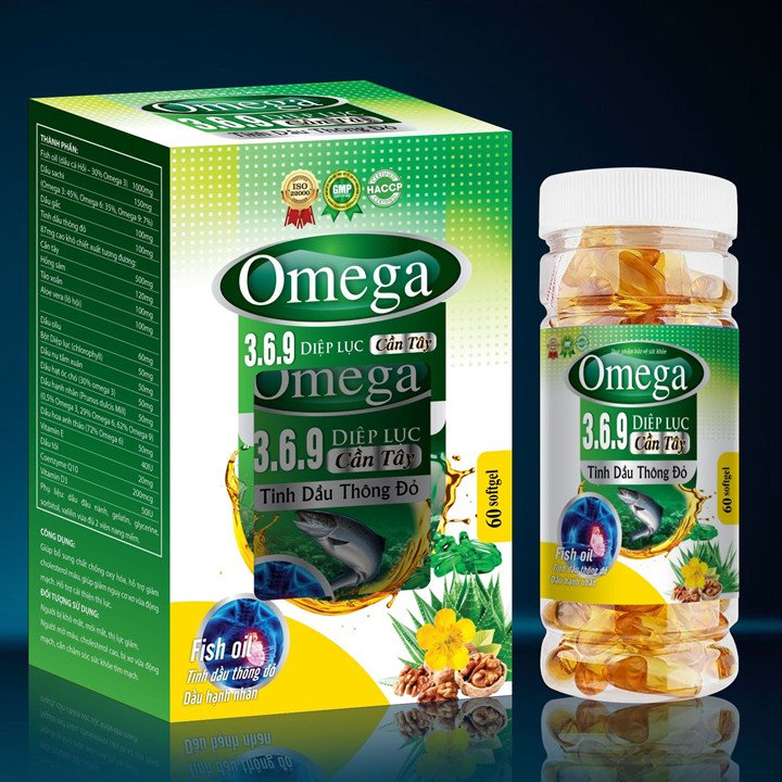 Viên Uống Omega 3-6-9 Diệp Lục - Cần Tây- Tinh Dầu Thông Đỏ, Dầu Hạnh Nhân - Giảm Cholesterol Máu, Bổ Não, Sáng Mắt, Khỏe TIm Mạch-Hộp 60 Viên