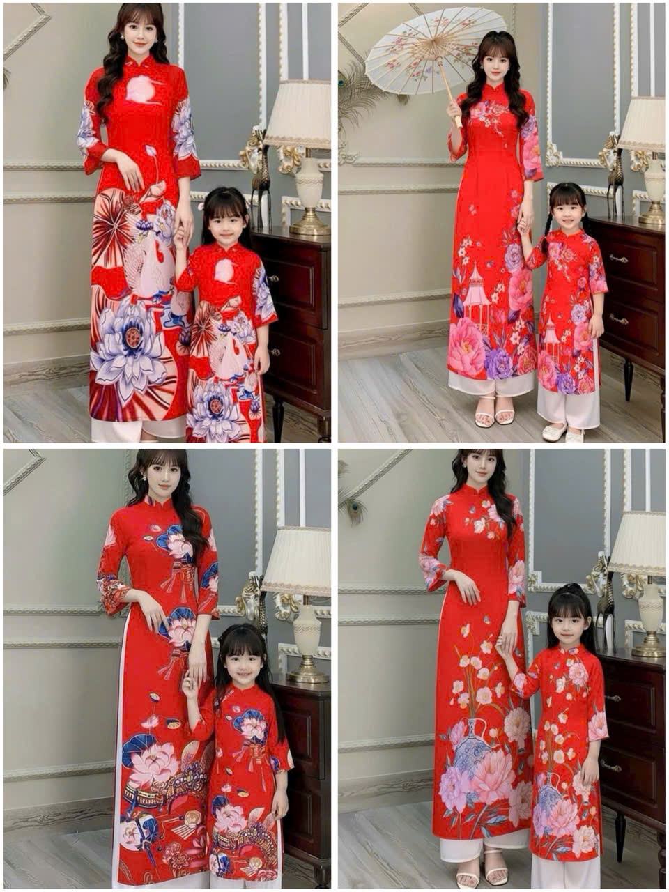 Áo Dài Truyền Thống # Bộ Áo Dài Mẫu Hoa Hồng Mẹ Và Bé Gái Lụa 4 Tà # Thời Trang Gia Đình# Áo Dài Mẹ Và Bé Gái