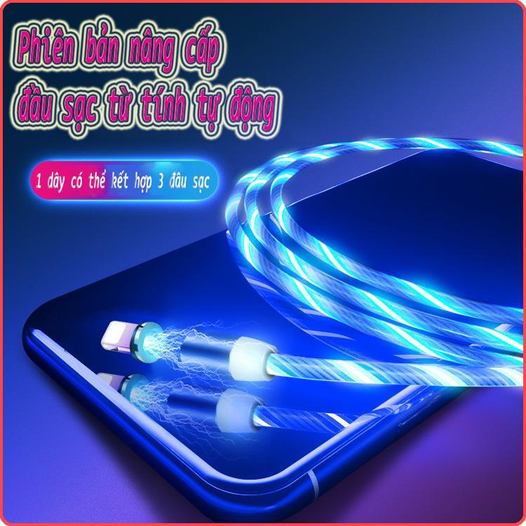 Dây cáp sạc LED 3 đầu nam châm từ tính lực hút cực mạnh 360 chân tròn Lightning phát sáng tạo hiệu ứng dòng chảy cực đẹp dây bọc siêu bền cho iPhone/android.typec 3in1