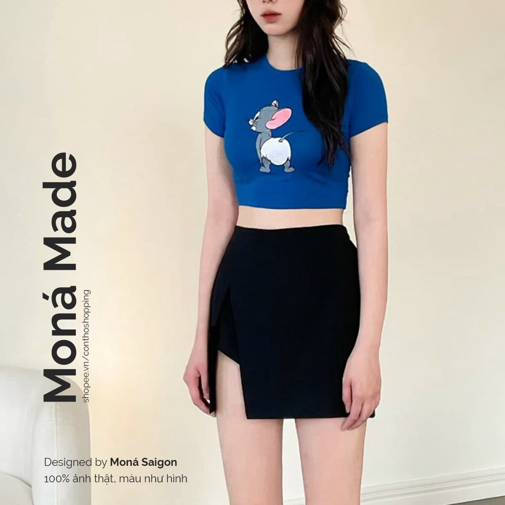 Moná chân váy ngắn đen xẻ tà manda skirt