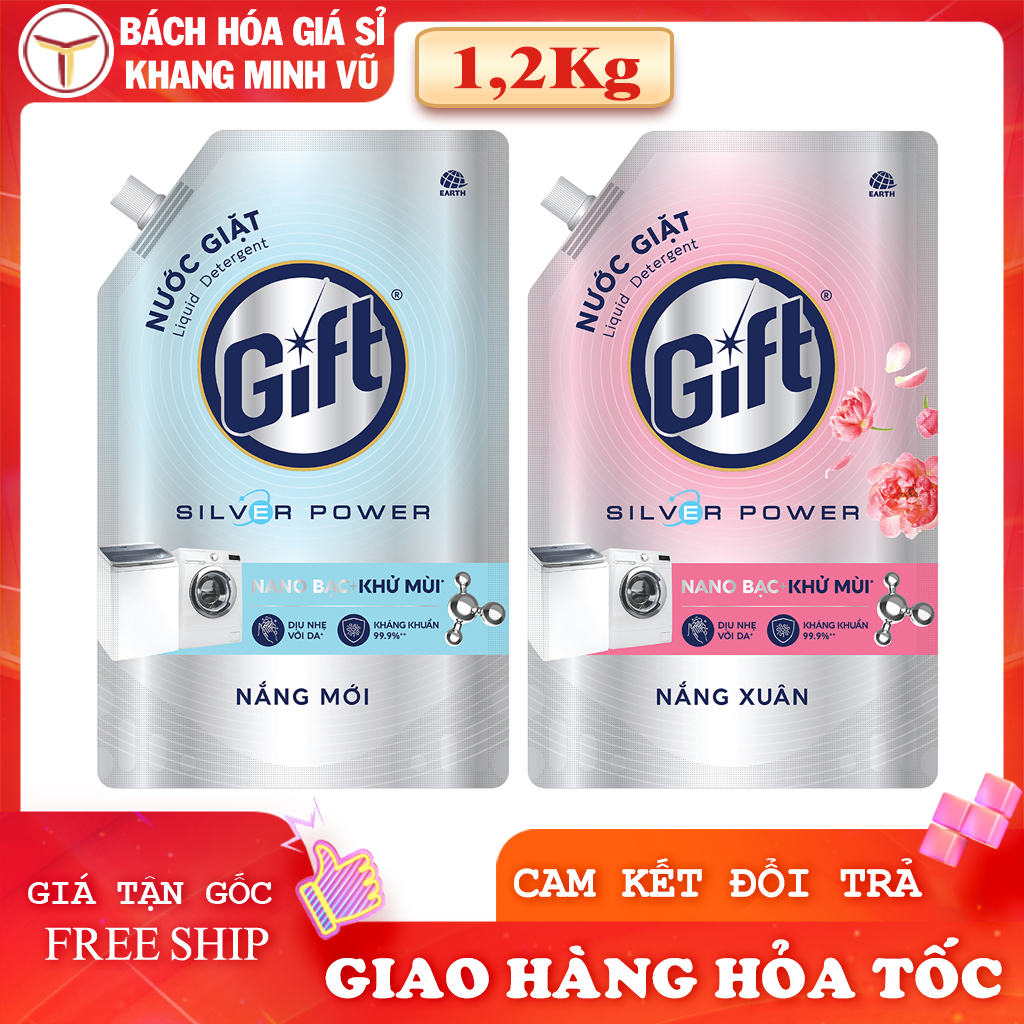 Nước giặt gift túi 1,2kg hương nắng mai, nắng xuân, nano bạc khử mùi, dịu nhẹ với da, kháng khuẩn