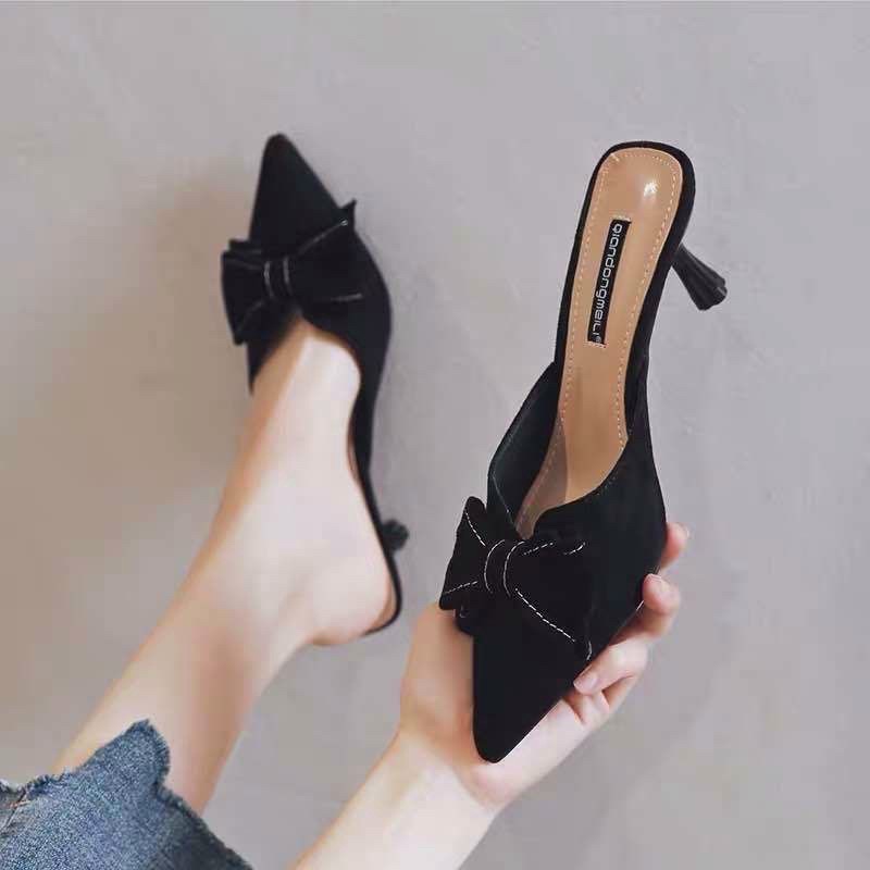 Giày sục nỉ nhung đính nơ gót đũa 7p
