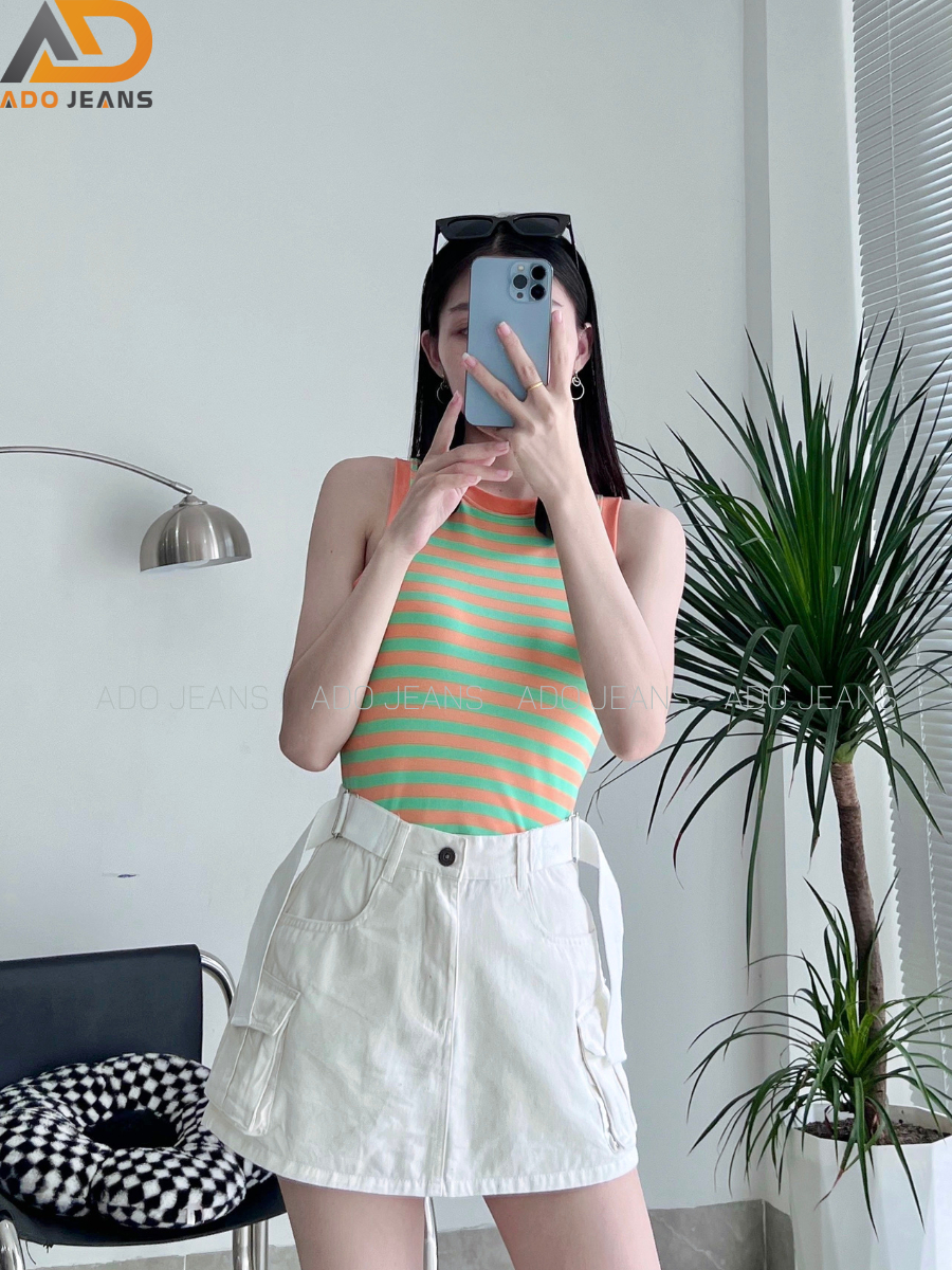 Áo thun nữ croptop sát nách, vải kẻ sọc co giãn 4 chiều cao cấp ADO JEANS
