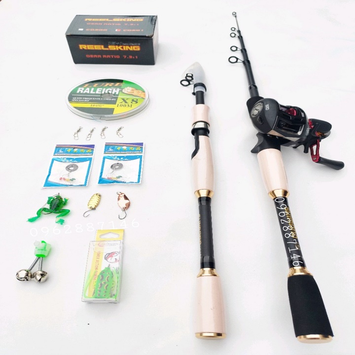 bộ cần lure máy ngang rút gọn 52cm kèm 14 phụ kiện