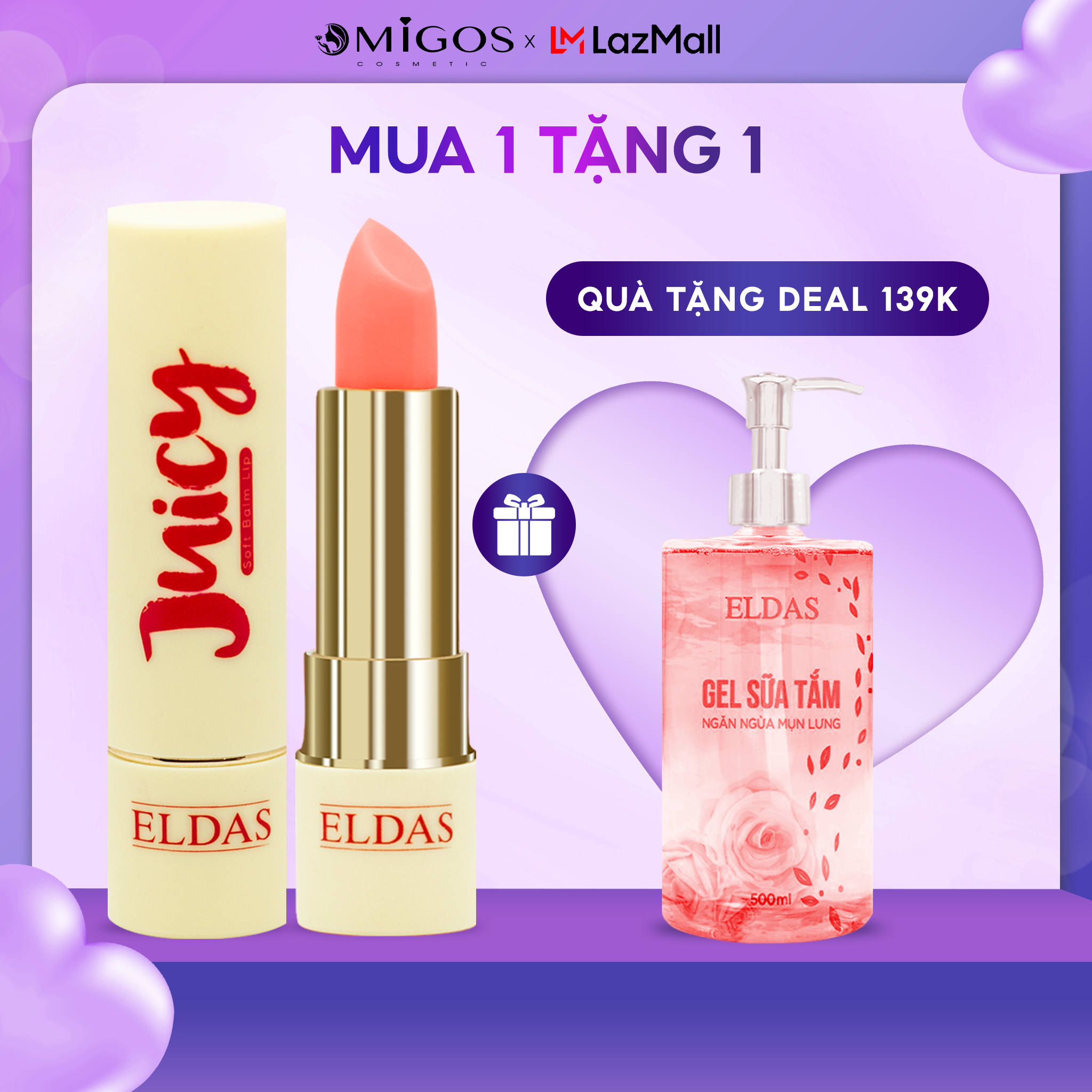 Son dưỡng môi eldas juicy, son dưỡng có màu, dưỡng môi hồng, khô nứt nẻ, ngăn ngừa thâm môi, vitamin e, 5 gram/thỏi