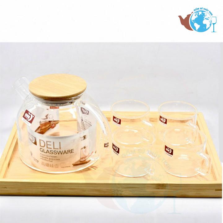 Bộ ấm trà và 4 ly thủy tinh chịu nhiệt cao kèm khay gỗ- Bộ ấm trà 4 ly thủy tinh cao cấp - GPH20/L6