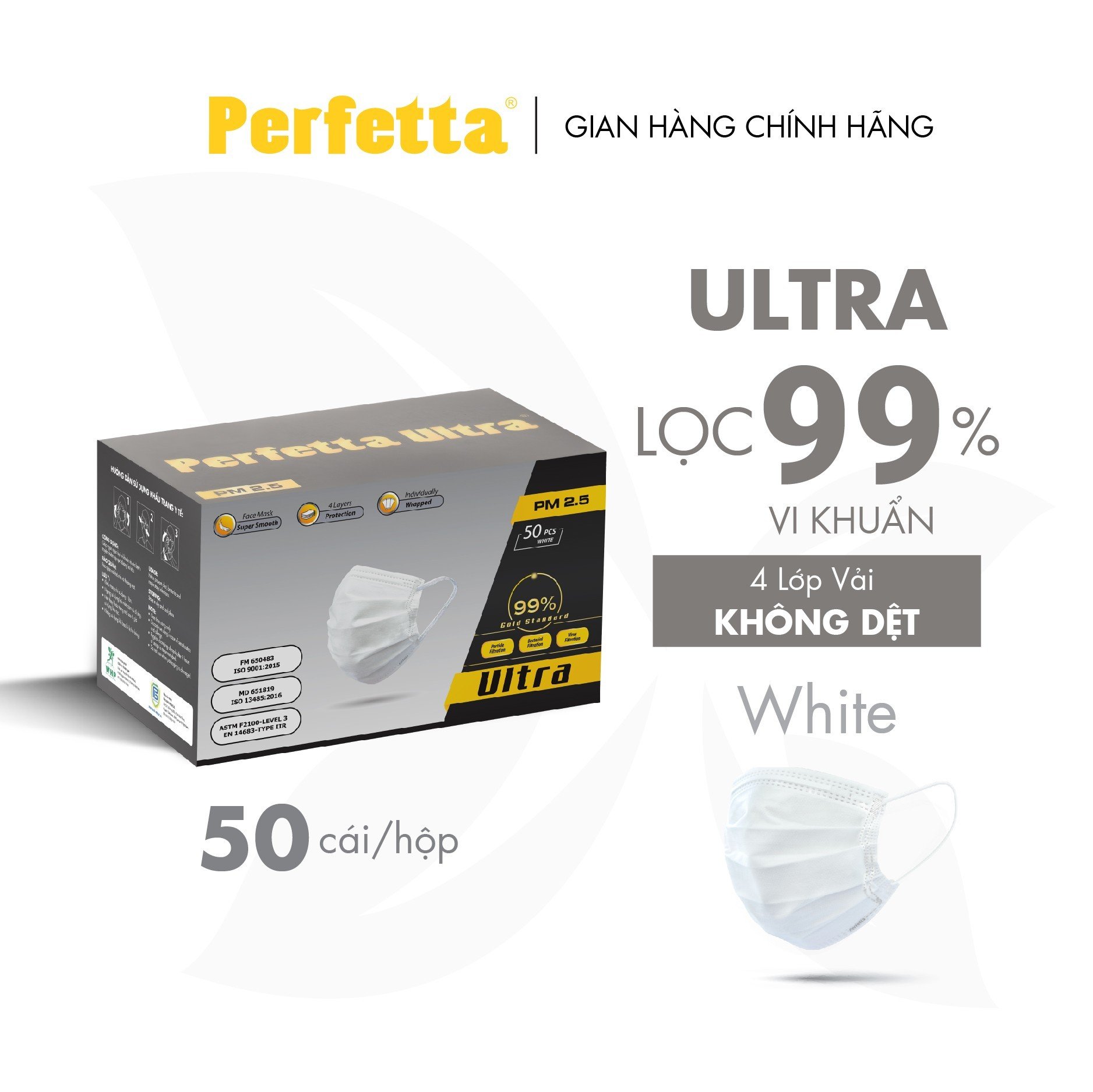 Khẩu trang y tế 4 lớp Perfetta Ultra Trắng/Xanh