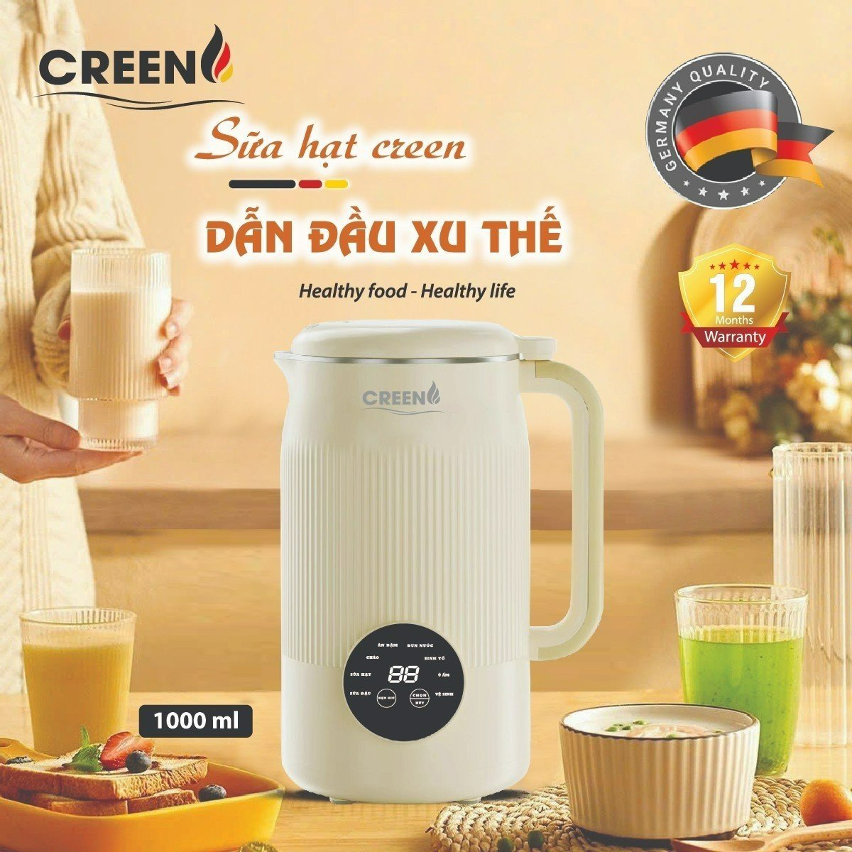 Máy làm sữa hạt creen cr-1000 máy làm sữa hạt creen cr-1000 dung tích 1000ml, chuẩn top 1+ máy làm sữa hạt tốt hiện nay 2023