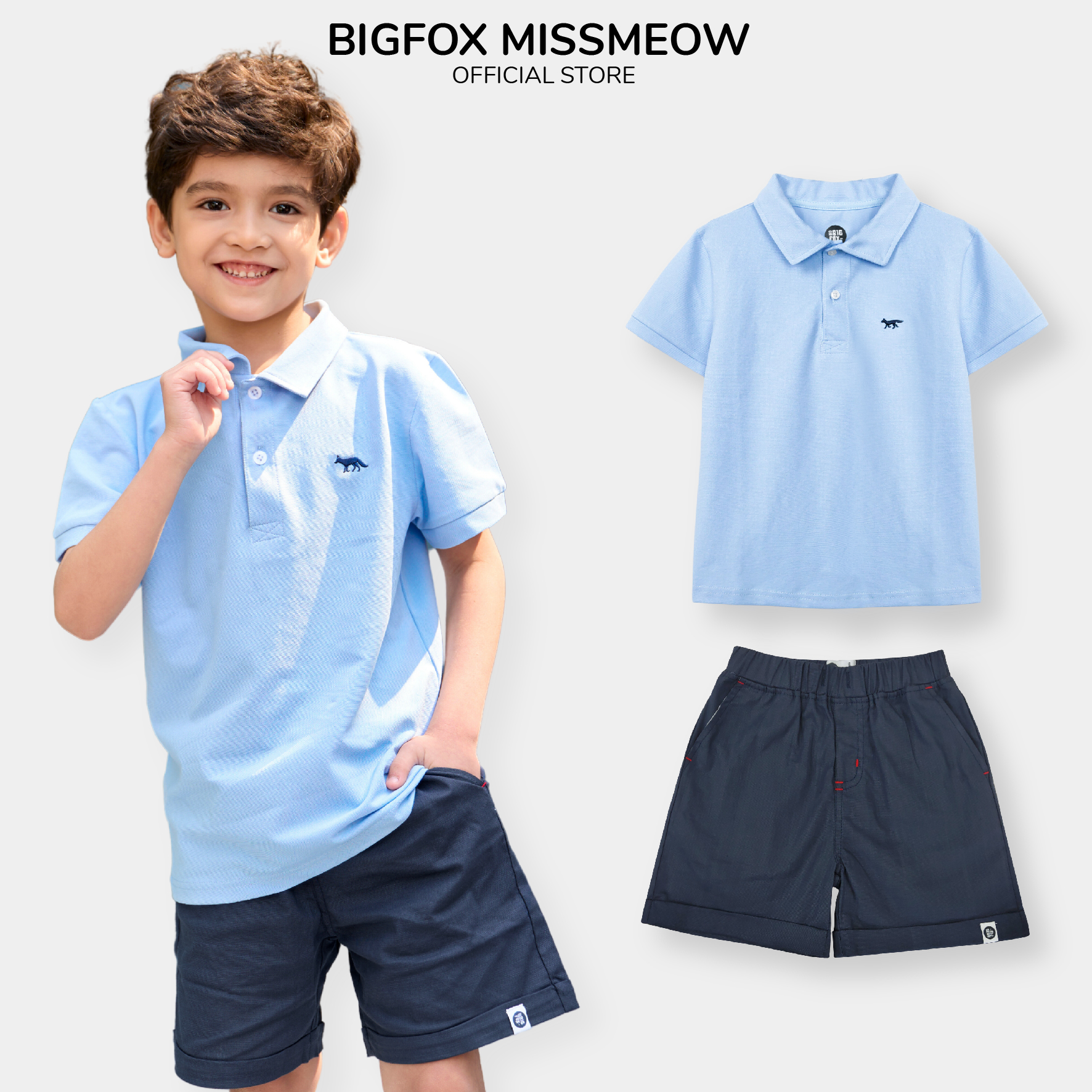 Đồ bộ polo cho bé trai Bigfox Miss Meow, vải thun cá sấu cotton co giãn nhiều màu size đại 7-15 tuổi 30kg 40kg