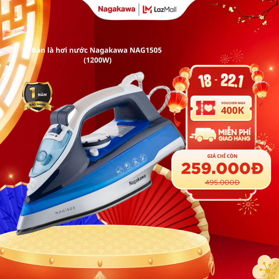 Bàn ủi Nagakawa NAG1502 màu tím, NAG1505 màu xanh, mặt đế teflon chống dính, hệ thống cảm biến ngắt điện ăn toàn, bảo hành 12 tháng