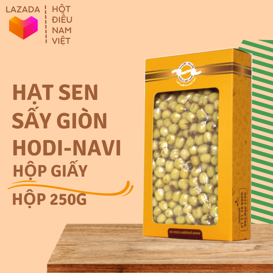 Hạt sen sấy giòn Hodi - Navi hộp giấy hút chân không 250gr, hạt xốp giòn, vàng đều
