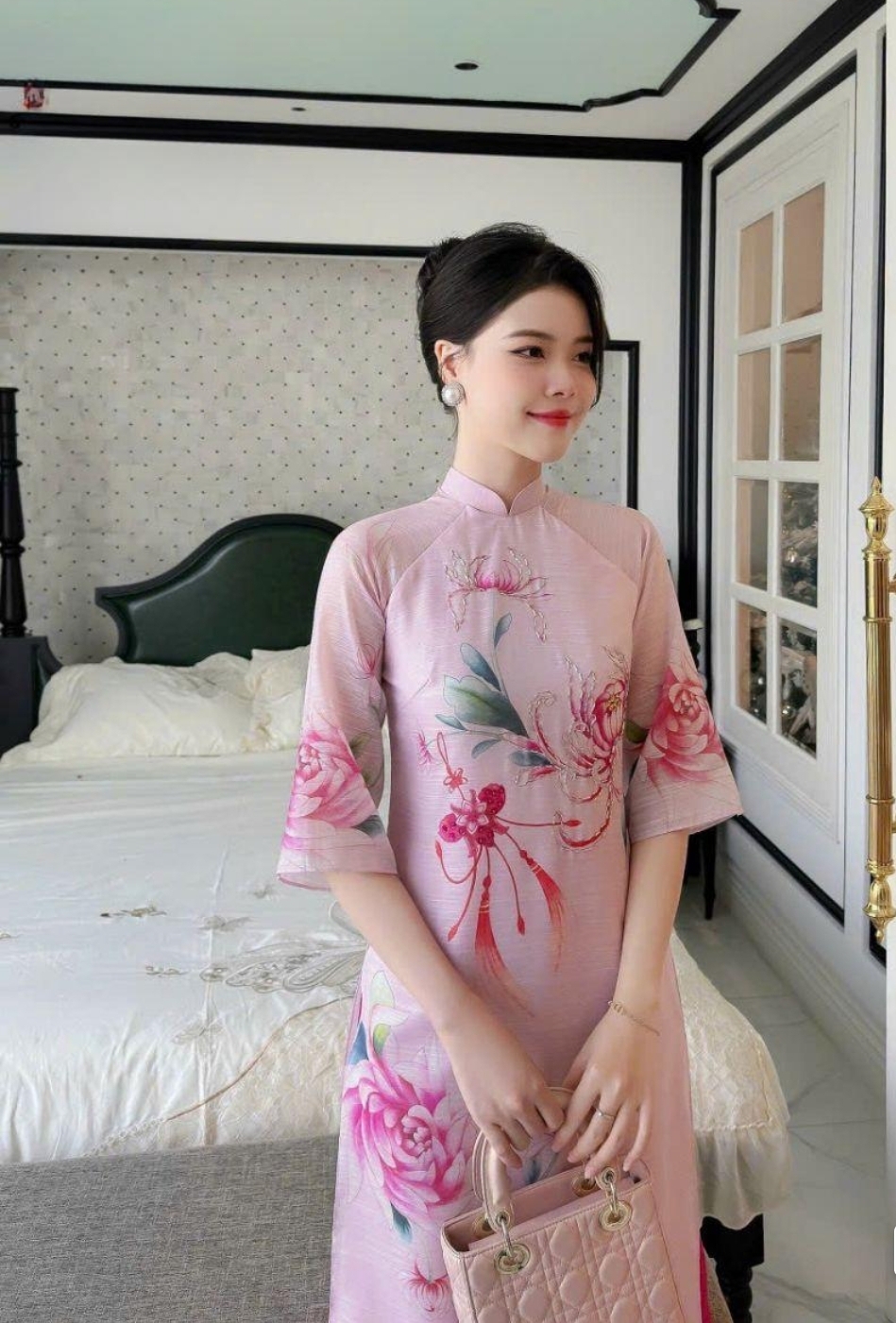 Set áo dài mẹ bé cách tân đón tết chất tơ nhũ ngọc họa tiết in hoa mẫu đơn - Áo dài cách tân Lan Khuê - HN14B