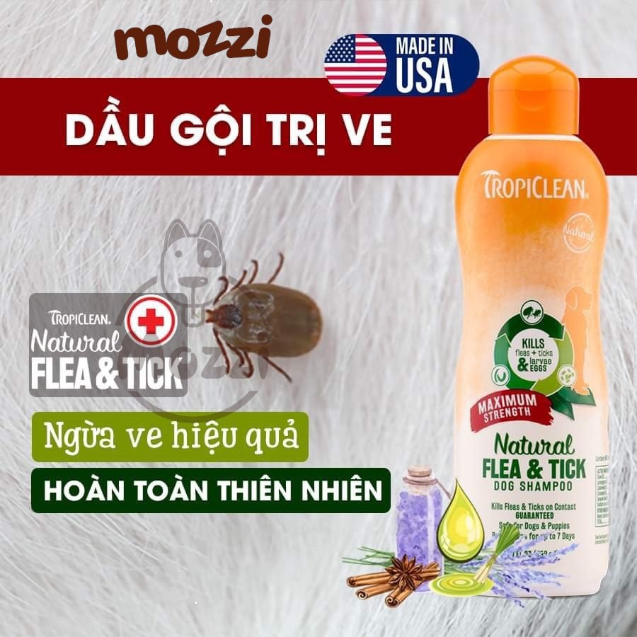 Sữa tắm Tropiclean Natural Flea & Tick Tắm ve và bọ chét 592ml cho chó mèo