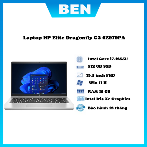 Laptop hp elite dragonfly g3 6z979pa/ intel core i7-1255u / ram 16gb/ 512gb ssd/ intel iris xe graphics/ 13.5inch wuxga touch/ win 11 pro/ 3yrs
