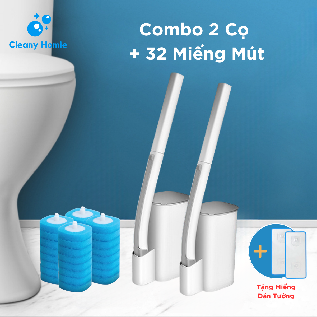 Cọ bồn cầu chổi chà toilet nhà vệ sinh dùng 1 lần cleany homie, đầu cọ chứa nước tẩy diệt khuẩn, tặng miếng dán treo tường