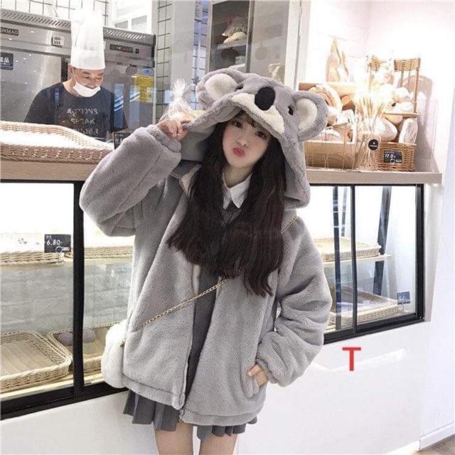 [HCM]Áo Khoác Lông Mũ Tai Gấu Xám Siêu cute