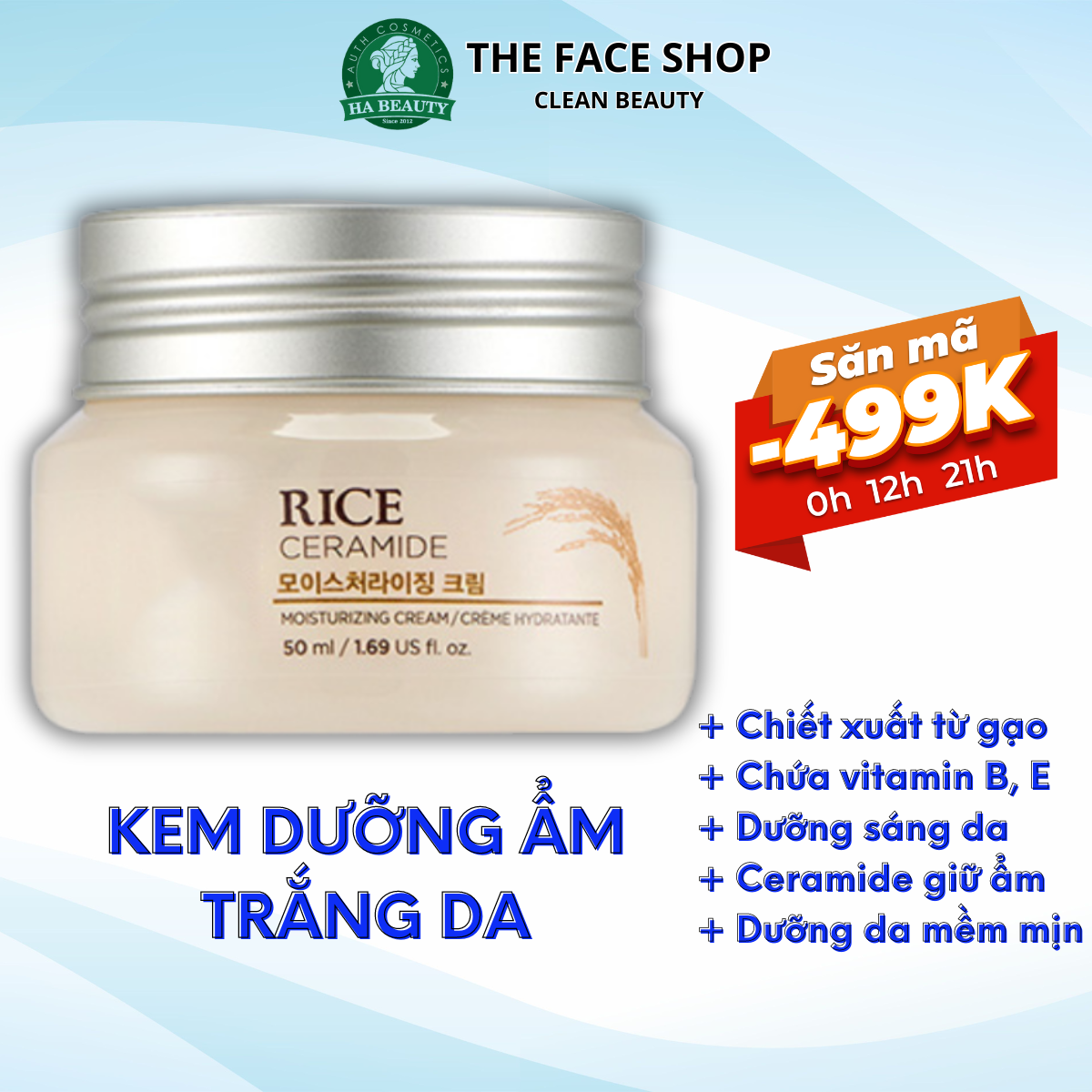  Kem dưỡng ẩm trắng da chiết xuất từ gạo vitamin B vitamin E The Face Shop Rice Ceramide Moisturizing Cream 50ml 