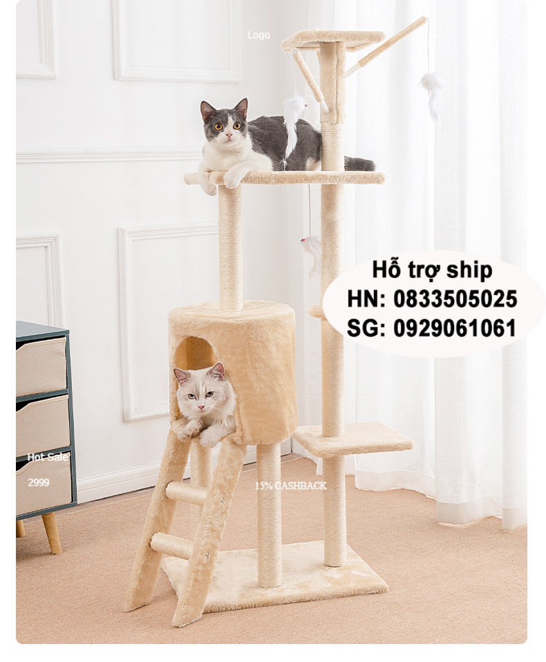 CATTREE Nhà Cây Cho Mèo, Trụ Cào Móng Cho Mèo 5 Tầng coao 1m3 Có Võng Và Đồ Chơi Đi Kèm ti56