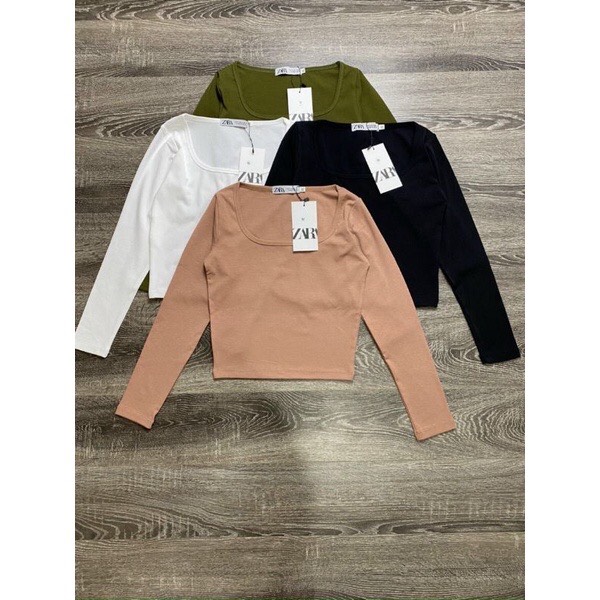 Áo thun dài tay body cổ vuông sang chảnh, áo croptop thun gân co giãn 4 chiều