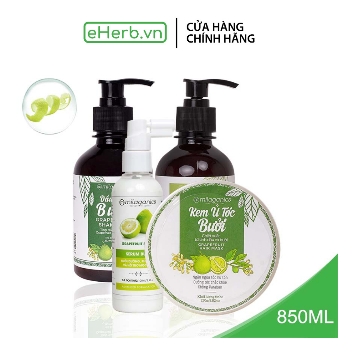 Bộ 4 sản phẩm từ tinh dầu bưởi: dầu gội, dầu xả, kem ủ và xịt tóc milaganics, kích mọc tóc & ngừa rụng 850ml - eherb