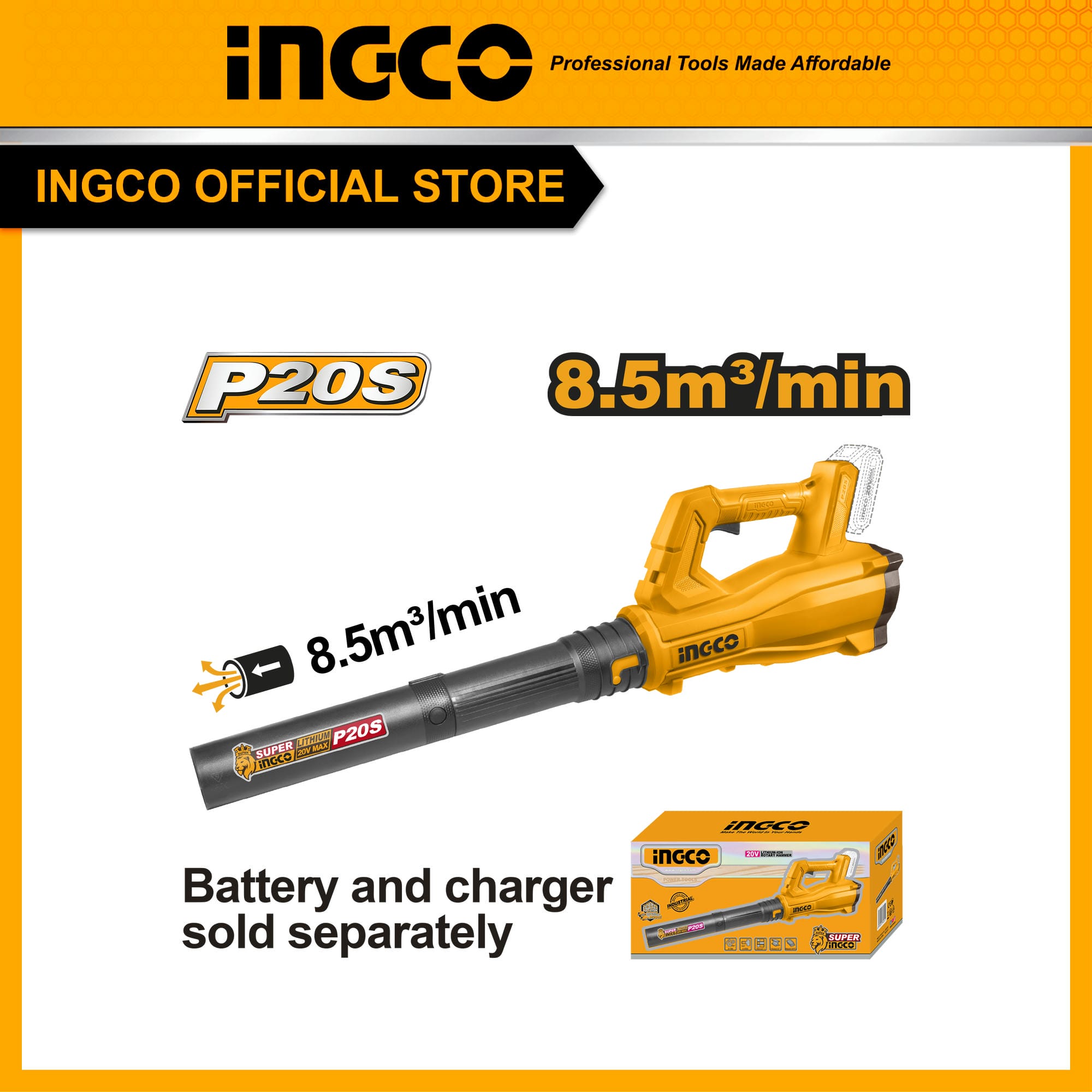 Máy thổi lá dùng pin 20V motor chổi than INGCO CABLI20323 (thân máy chưa kèm pin sạc)
