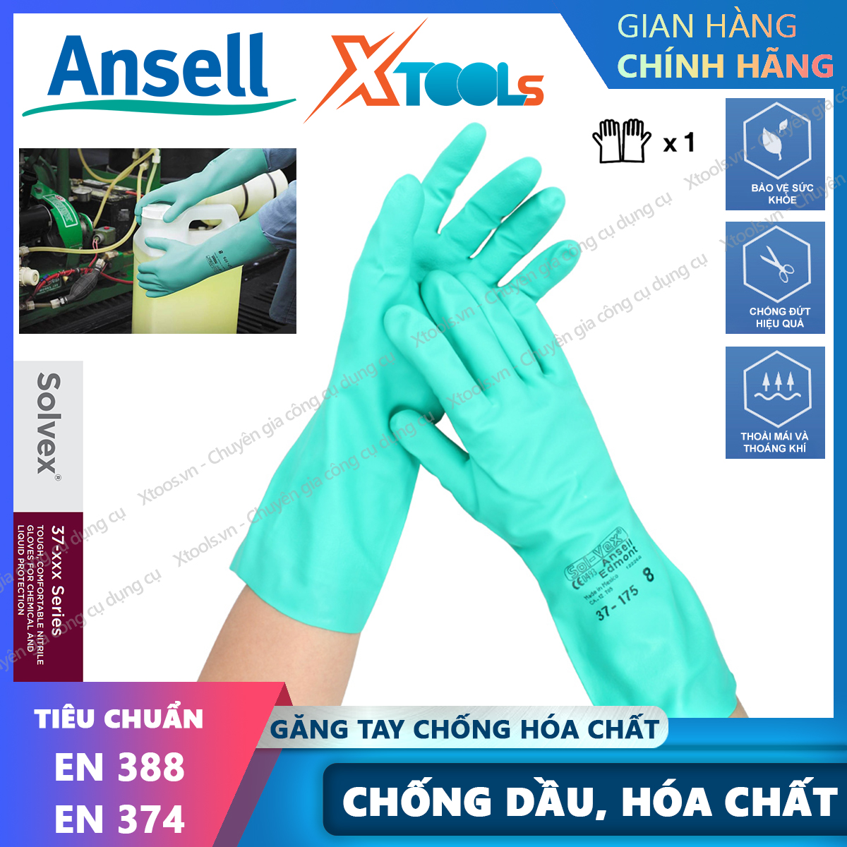 Găng tay chống hóa chất Ansell 37-175 găng tay cao su nitrilechống hóa chấtaxitdầu nhớtkhông gây đổ mồ hôi tay