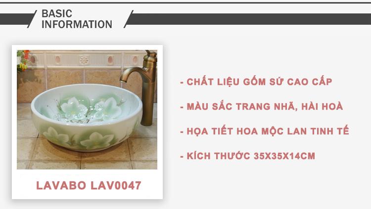 Chậu rửa lavabo gốm sứ nghệ thuật LAV0047 – Họa tiết hoa mộc lan trang nhã