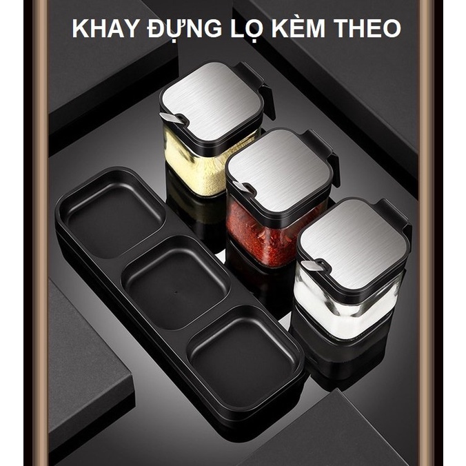 Bộ hũ gia vị thuỷ tinh dày dặn nắp bật tiện lợi, có thìa múc kèm khay đựng phong cách Nhật Bản tinh tế, hũ thuỷ tinh đựng gia vị, hũ đựng gia vị thuỷ tinh, lọ gia vị, lọ rắc gia vị, hũ rắc gia vị, hũ gia vị, chai gia vi