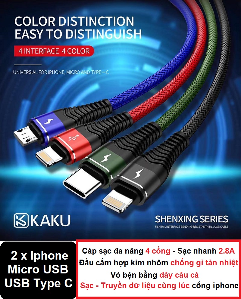 [HCM]Cáp sạc đa năng 4 in 1 KAKU cho iPhone/ iPad Smartphone & Tablet Android sạc và truyền dữ liệu cùng lúc qua cổng lightning - Sạc nhanh 2.8A (2 cổng Lightning+ 1 cổng USB Type-C + 1 cổng Micro) - Cáp sạc 4 đầ