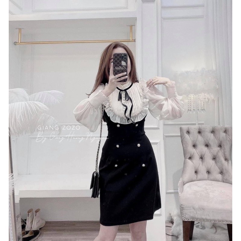 Váy đen phối tay tơ bèo đính nơ, đầm thiết kế cổ bèo siêu xinh có ảnh thật kèm video