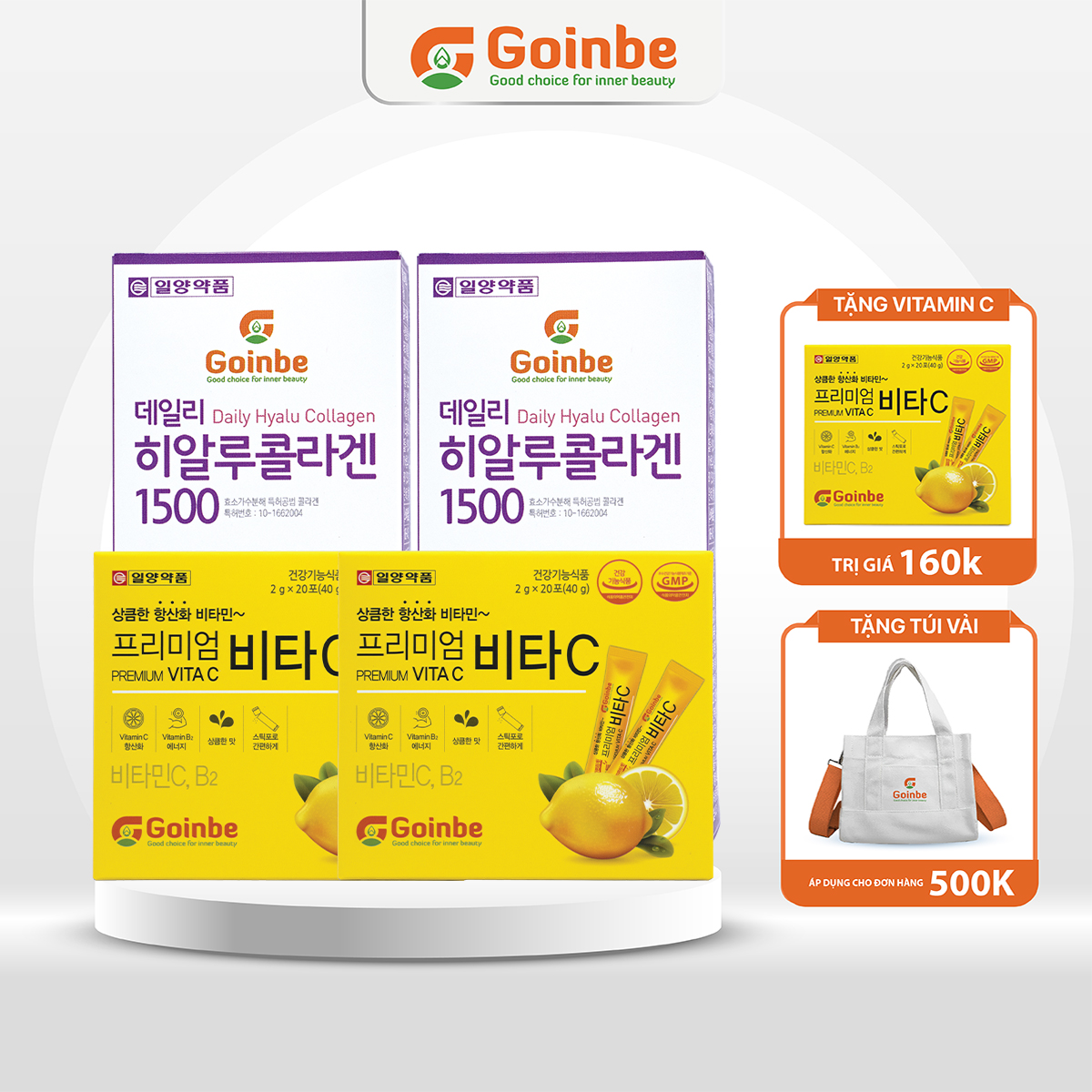 02 bột uống goinbe daily hyalu collagen vị chanh + 02 vitamin c goinbe premium vita c