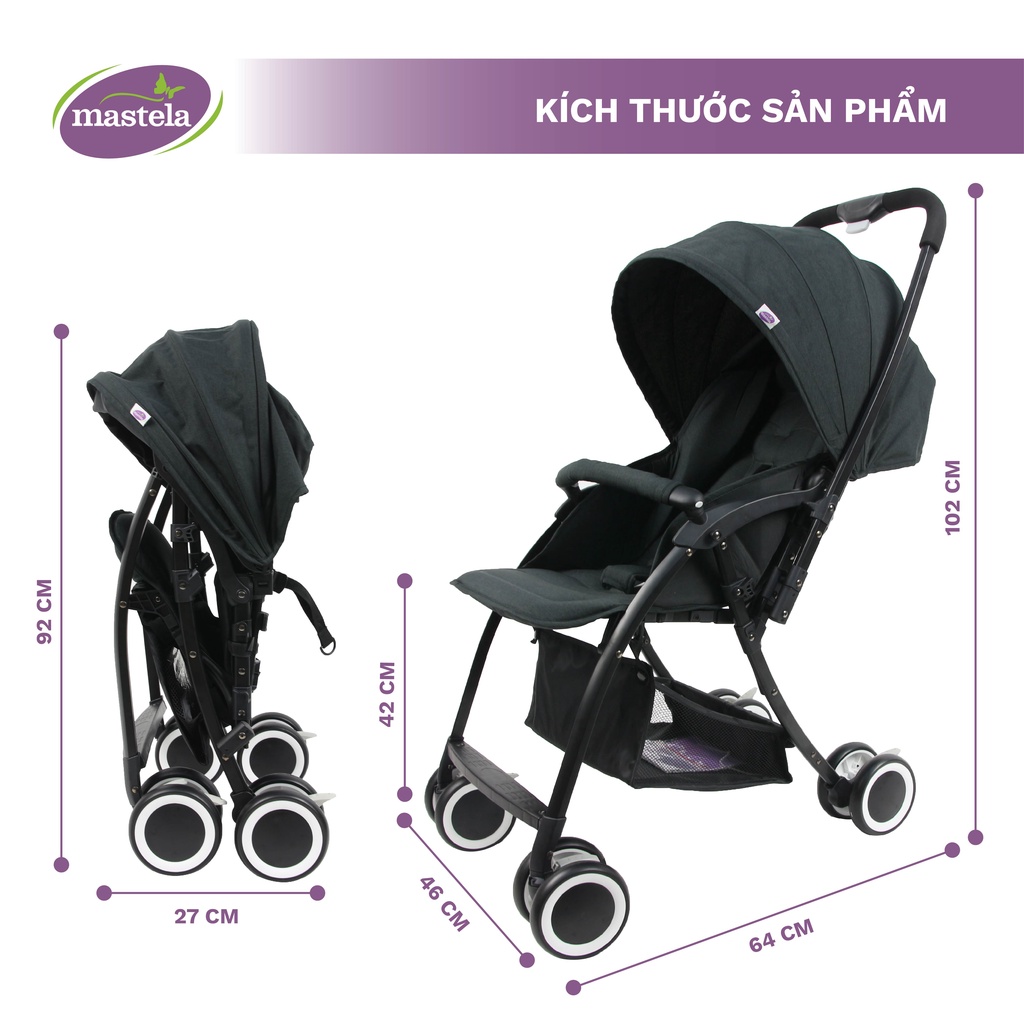 Xe đẩy 2 chiều cho bé sơ sinh tới 30kg chống tia UV aluminium, Mastela Premium T05S. Bảo hành 12 tháng, gập gọn - Màu Đen:5240