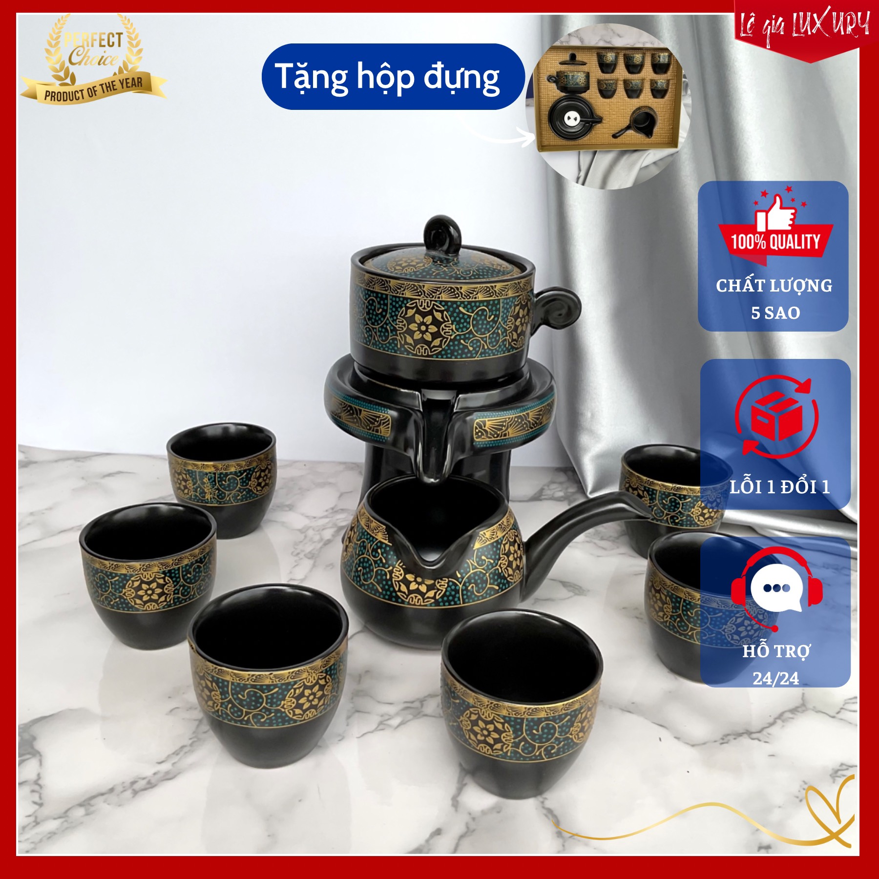 Bộ ấm chén pha trà cối xay - xanh đen phong cách trà đạo men sứ cao cấp (bao gồm hộp quà+ túi xách đi kèm, bộ ấm trà cao cấp, bộ ấm trà đạo