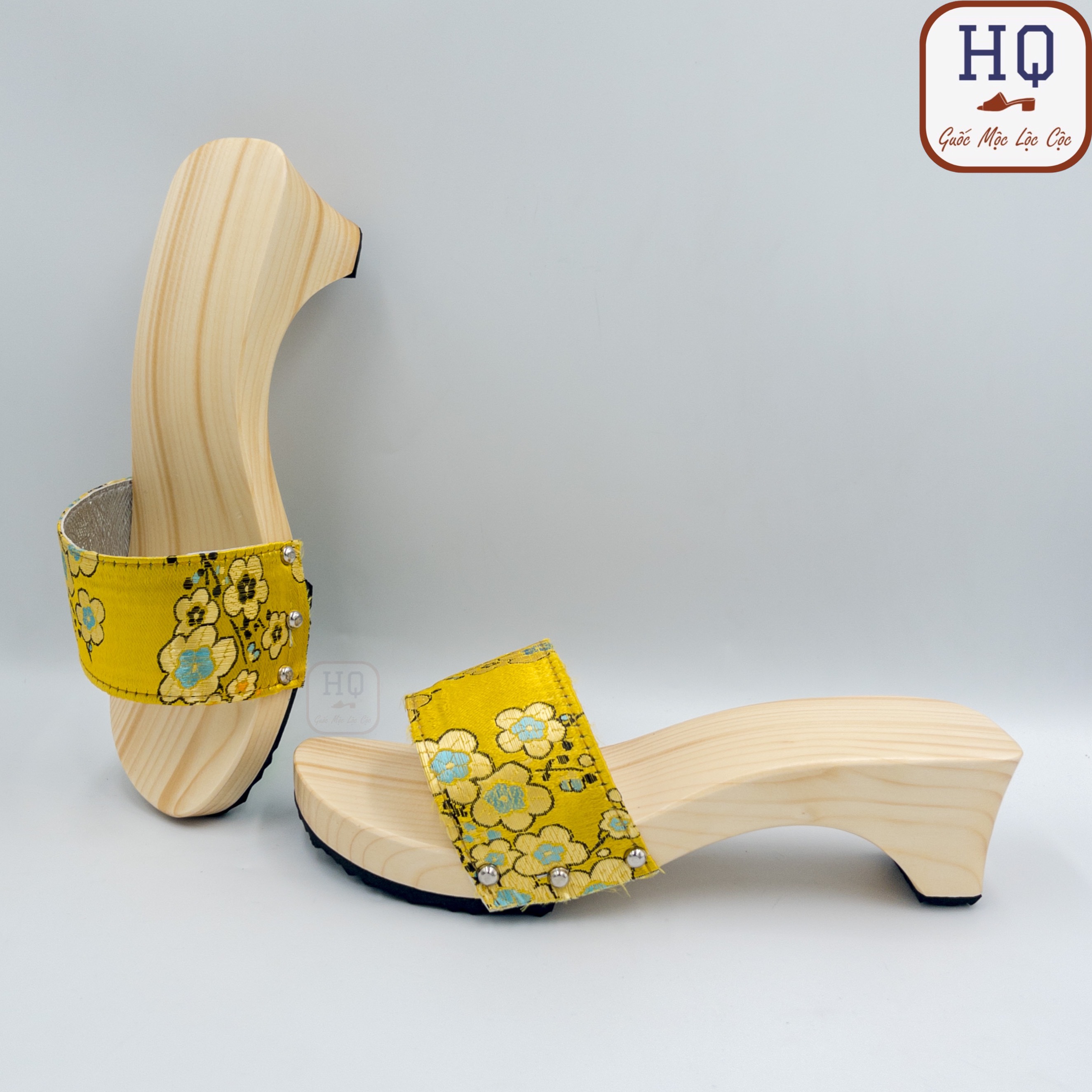 Guốc gỗ thông 5cm dép gỗ truyền thống Gấm Hoa guốc mộc 5 phân mặc áo dài bà ba Việt phục phụ kiện chụp ảnh biểu diễn