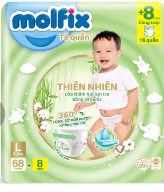Tã/Bỉm quần Molfix Thiên nhiên Utra Size L68+8 miếng tã quần Molfix