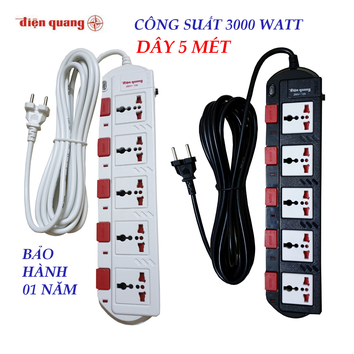 Ổ cắm Điện quang cao cấp ESK SM750SL -  5 ổ cắm 5 công tắc dây 5 mét công suất sử dụng cao 2800 watt - màu đen hoặc trắng